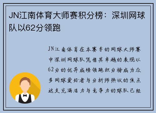 JN江南体育大师赛积分榜：深圳网球队以62分领跑