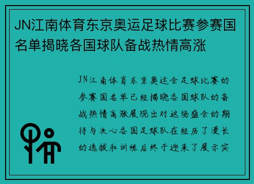 JN江南体育东京奥运足球比赛参赛国名单揭晓各国球队备战热情高涨